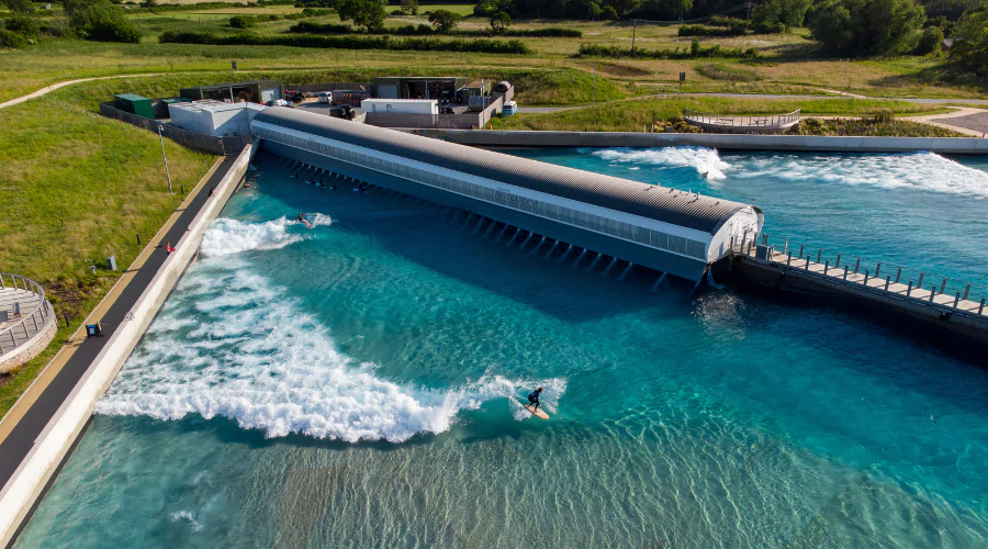 Full-size surfing lake, showcasing a surfer enjoying a perfect wave.