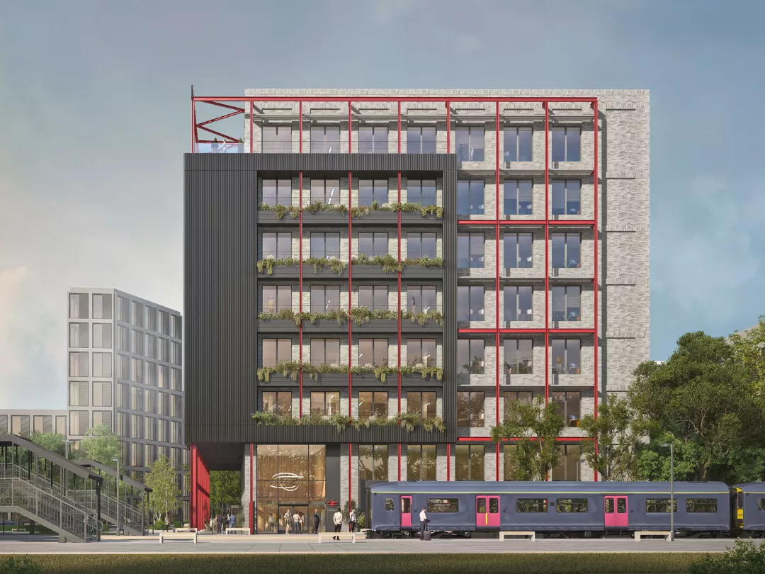 CGI of eight-storey office development near the new train station at Brabazon. 