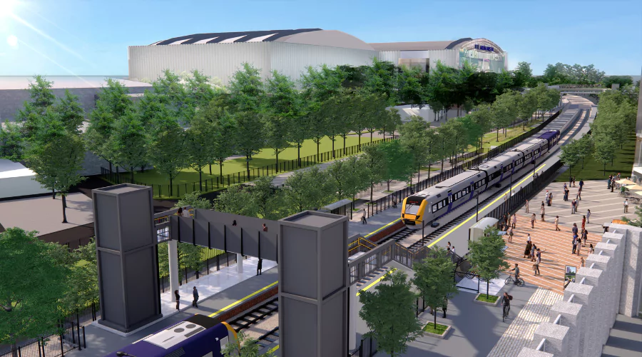 View of YTL Arena across the train line at Brabazon, Bristol