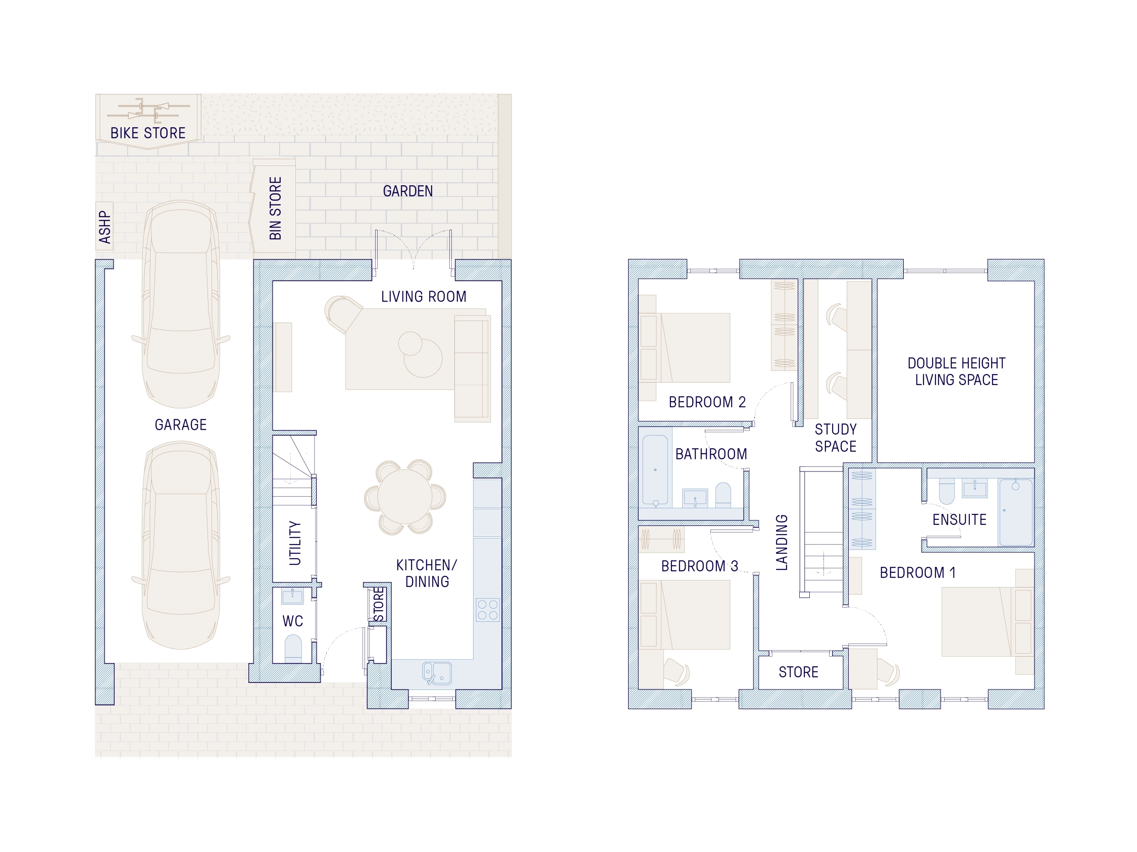 Full floor plan for a three bedroom family house with car port garage