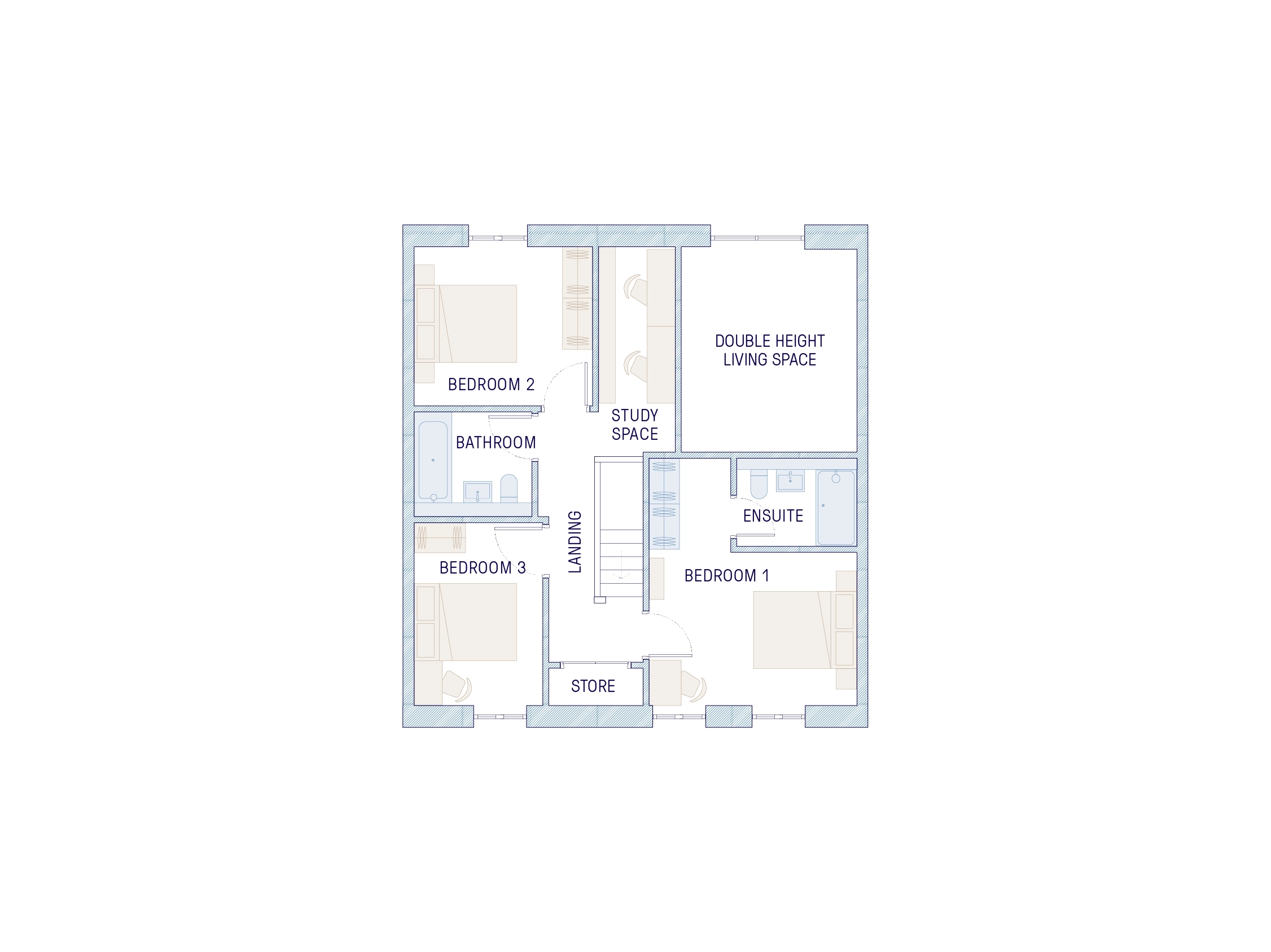 First floor plan with three double bedrooms, family bathroom and mezzanine study space