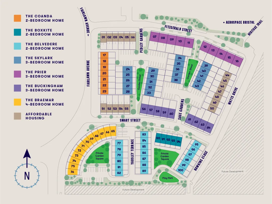 Site plan of The Heritage District showing property types and plot numbers.