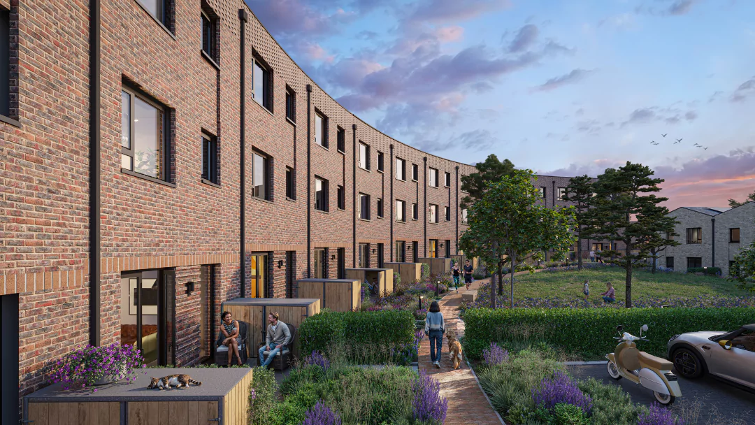 CGI of the real of the The Heritage District Crescent, with residents walking their dog, running and chatting in the courtyard. 