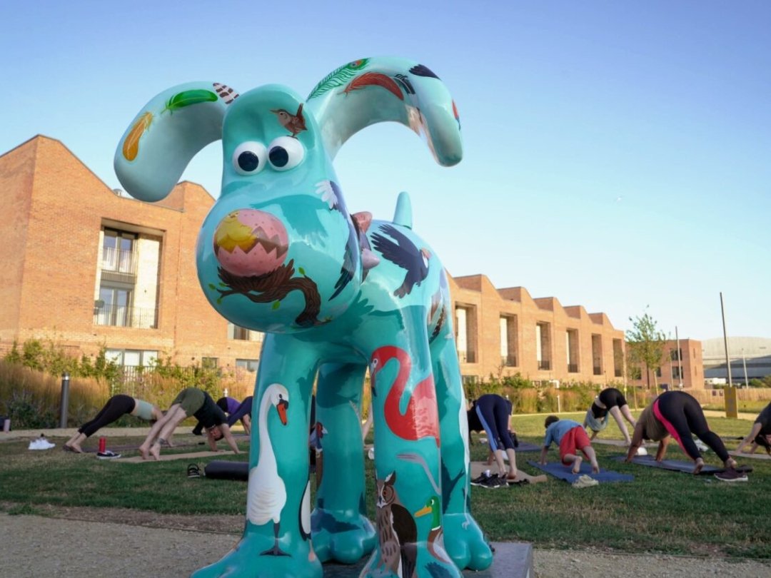 A vibrant, painted dog sculpture stands in a park, while people practice yoga in the background under a clear blue sky.