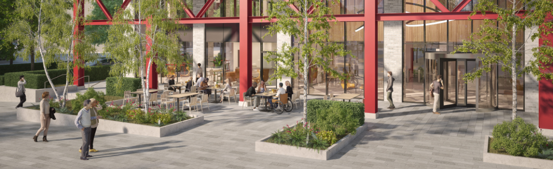 CGI rendering of a bustling public square at Brabazon Station Square with pavement cafe and restaurant.