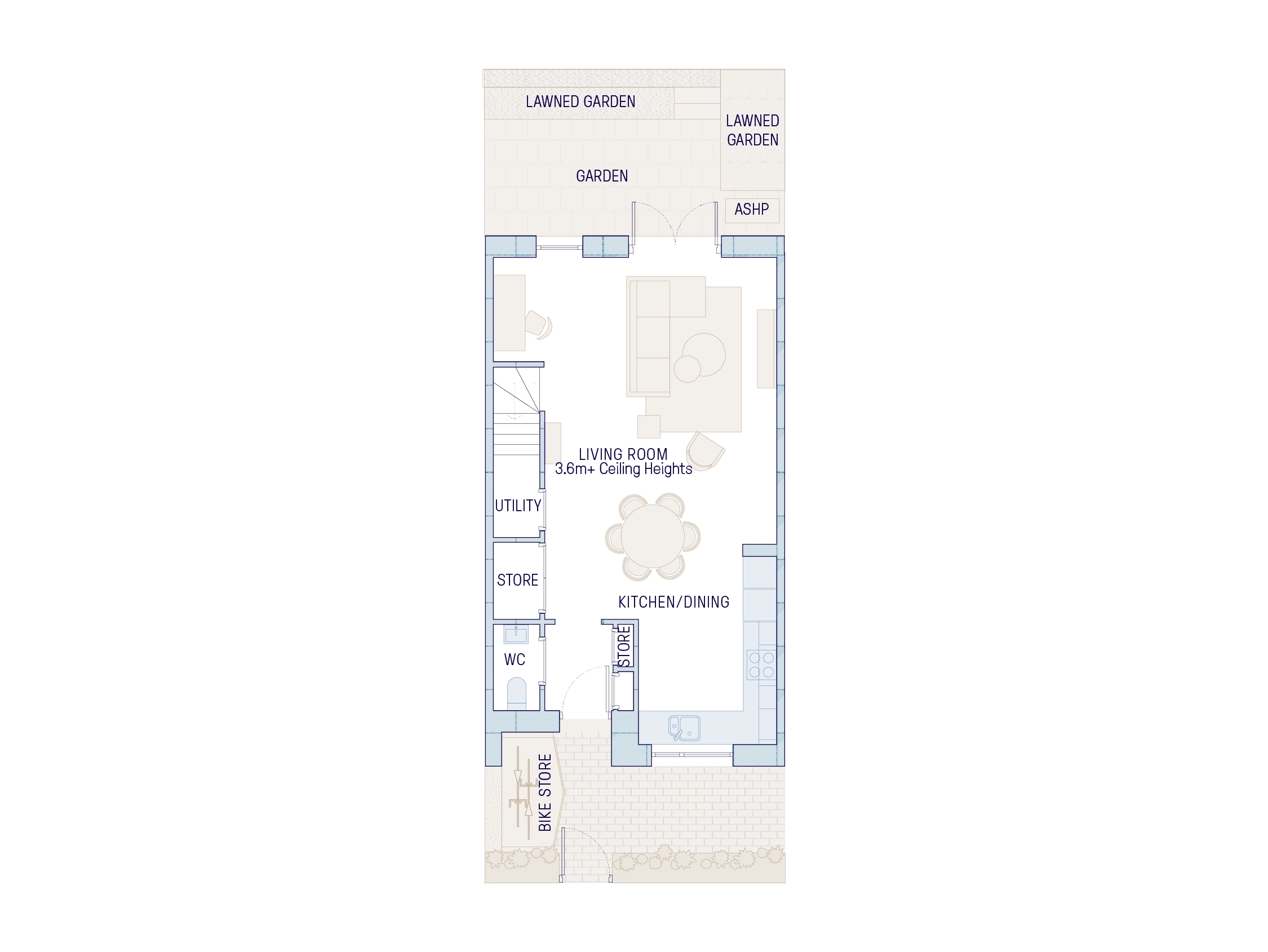 Downstairs floor plan with open-plan kitchen-dining-living area and built-in storage
