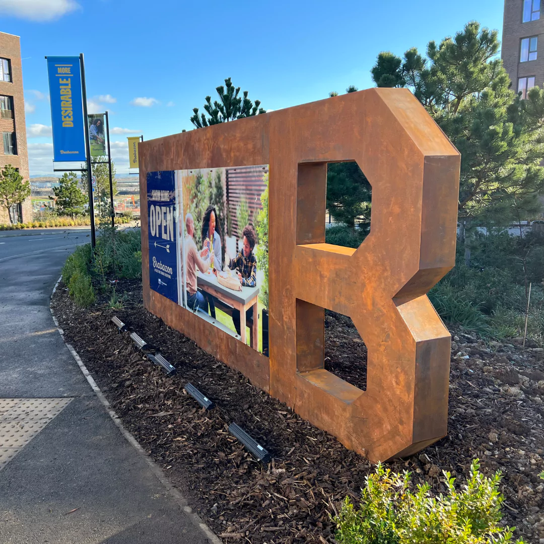 Large Brabazon B and signage on the entrance of The Hangar District at Brabazon.