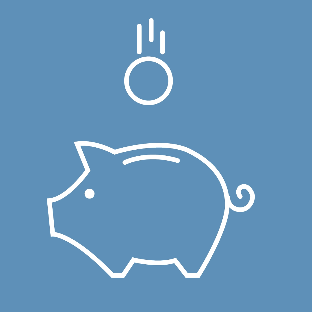 An illustration of a piggy bank with a coin dropping above it, set against a light blue background.