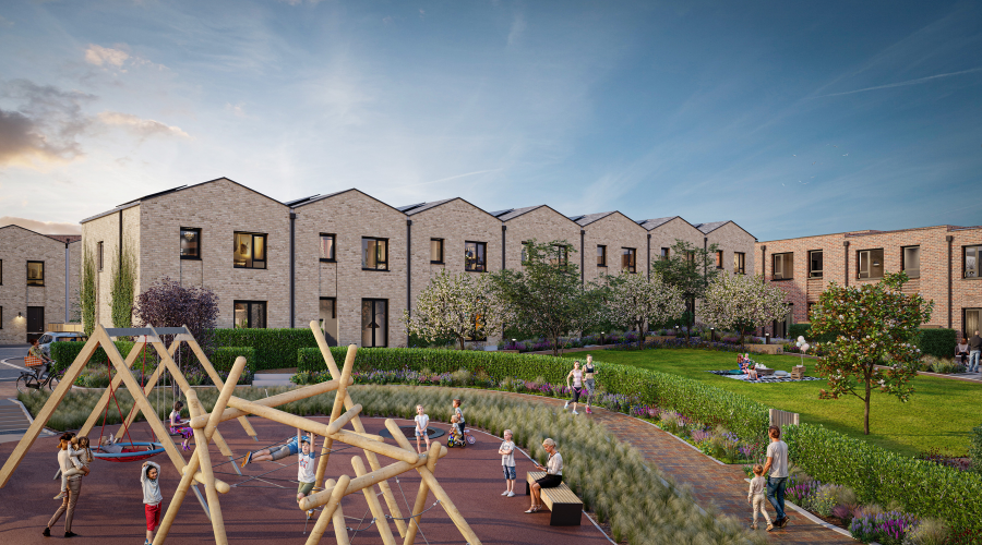 Rendering of new homes at The Heritage District overlooking a children's play park.