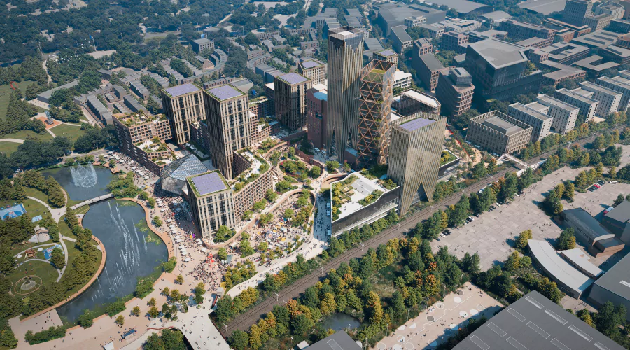 Aerial rendering of the high-rise buildings and lakeside boardwalk at City Green, Brabazon.